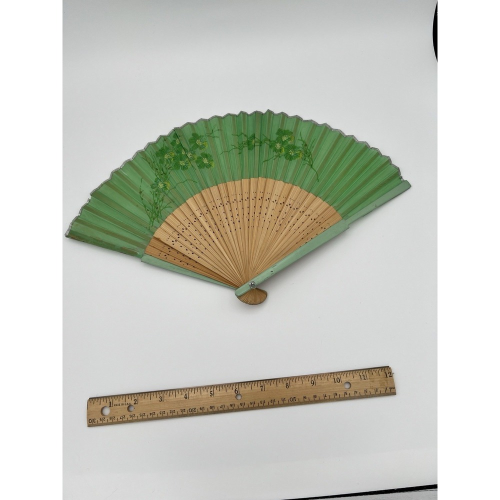 Vintage / Antique Paper & Wood Hand Floral Fan Green